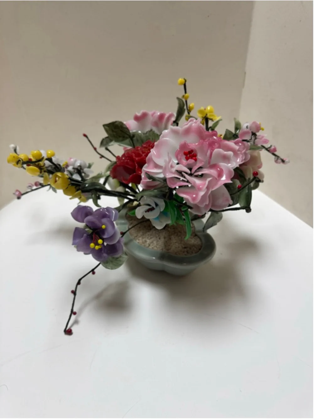 Vintage Yaun Feng Oriental Jade Glass Flowering Blossom Bonsai Tree